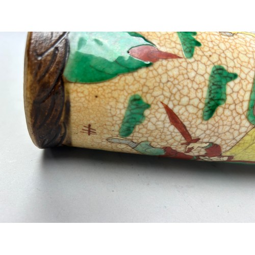 89 - A JAPANESE CRACKLE GLAZE CERAMIC VASE DEPICTING HORSES AND RIDERS, hand painted with seal mark to ba... 