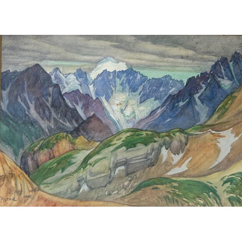 181 - HILDA MARION HECHLE (BRITISH 1886-1939), landscape watercolour painting of a mountain range

24cm x ... 