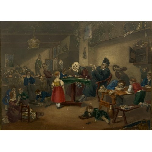 198 - AFTER WILLIAM HOGARTH, an early coloured print featuring a chaotic classroom of children.

Mounted i... 