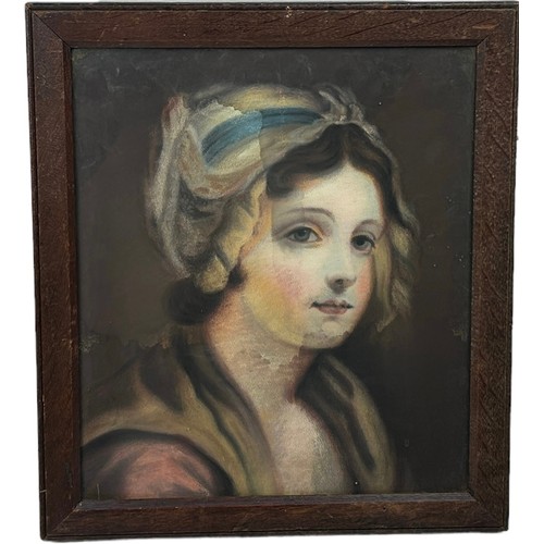 199 - A PASTEL DRAWING OF A YOUNG MAID, wearing pink and beige dress and a white bonnet with a blue band 
... 