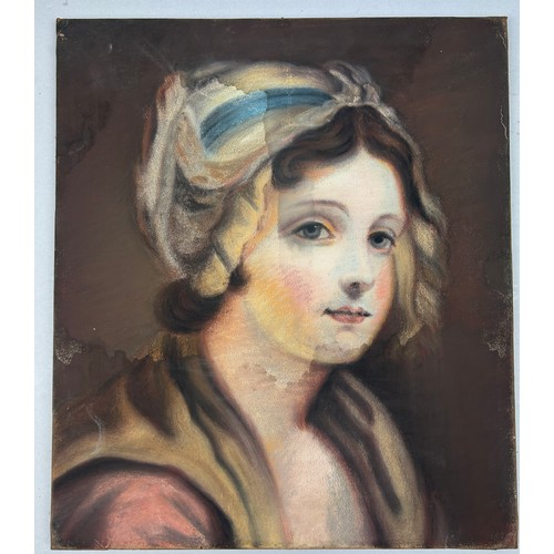 199 - A PASTEL DRAWING OF A YOUNG MAID, wearing pink and beige dress and a white bonnet with a blue band 
... 