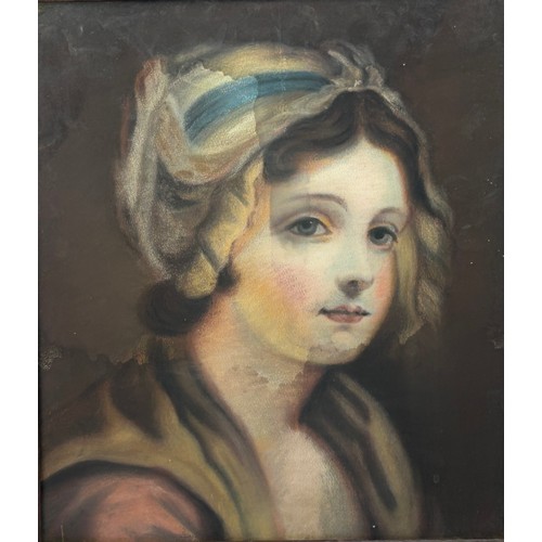 199 - A PASTEL DRAWING OF A YOUNG MAID, wearing pink and beige dress and a white bonnet with a blue band 
... 