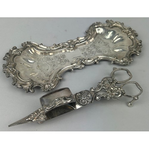 131 - A VICTORIAN SILVER PLATED CANDLE SNUFFER AND DISH (2)