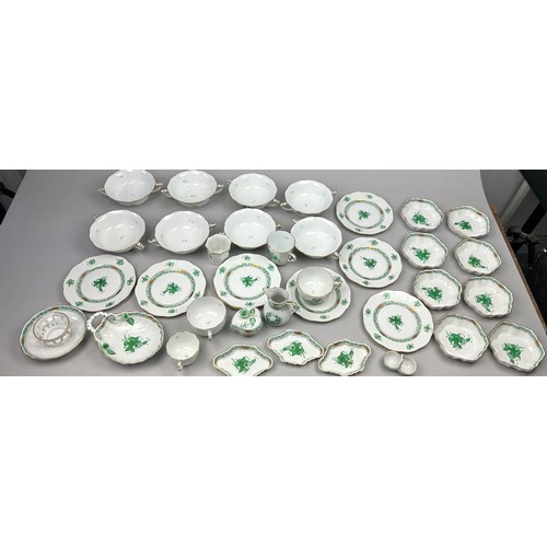 85 - A HEREND PART DINNER SERVICE 'APPONYI' CHINESE GREEN PATTERN, 79 pieces in total, hand painted all m... 