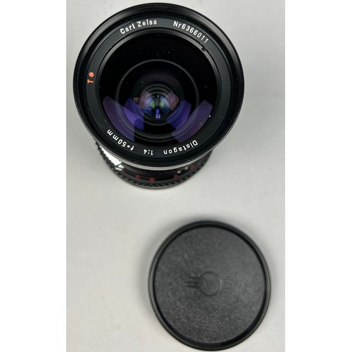 257 - A HASSELBLAD BLACK DISTAGON C 50MM LENS WITH FRONT AND REAR CAPS 
Very good condition and in full wo... 