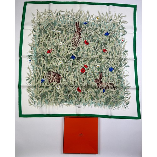 293 - AN HERMES SILK SCARF WITH WHEATSHEAF' DESIGN IN ORIGINAL BOX, apparently unused