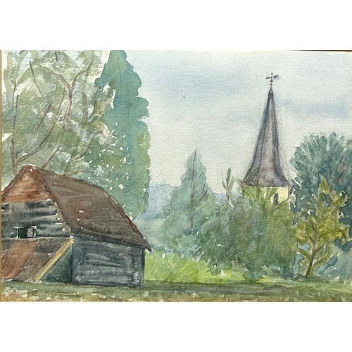 191 - A WATERCOLOUR ON PAPER OF THE VILLAGE OF SHERE IN SURREY, painted 1981. 

Mounted in a frame and gla... 