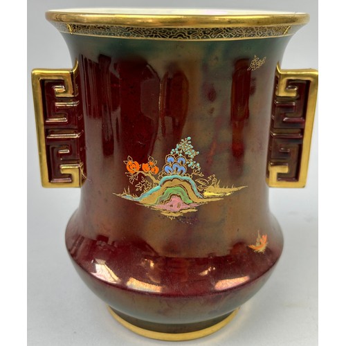 106 - CROWN DEVON MIKADO DESIGN LUSTRE VASE TWIN HANDLE

18cm in height