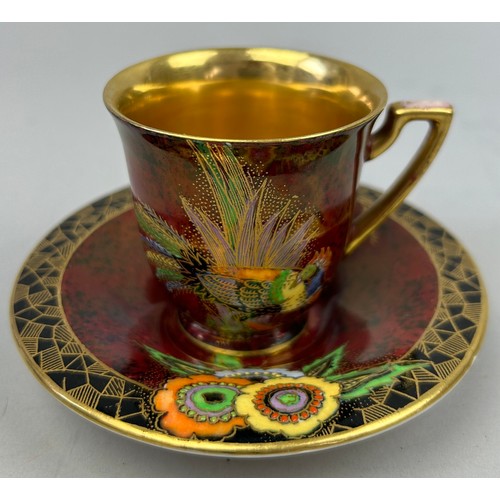 107 - CROWN DEVON BIRD OF PARADISE DESIGN LUSTRE WARE COFFEE CUP AND SAUCER (2) 

Total 7cm in height