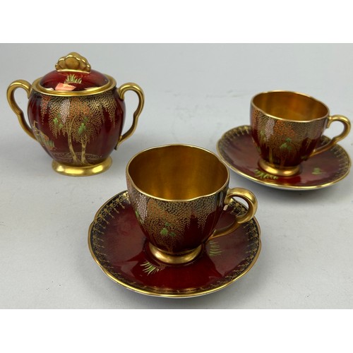 110 - CARLTON WARE ROUGE ROYALE HERON DESIGN TWO COFFEE CUPS AND SAUCERS AND SUGAR BOWL (5)

Tallest 11cm