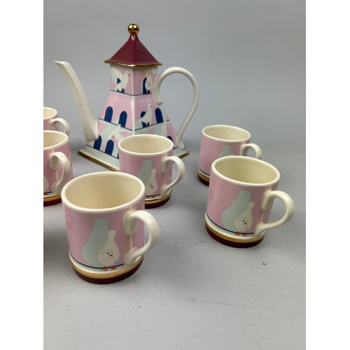 94 - CARLTON WARE DOVE-COT COFFEE SET WITH COFFEE JUG, SUGAR BOWL, MILK PAIL AND CUPS (9) 

Tallest 23cm ... 