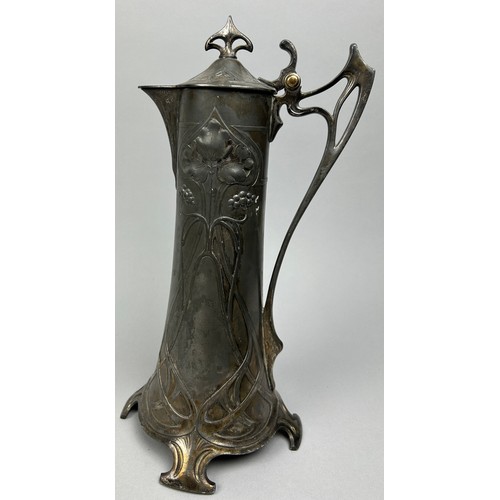 140 - AN ART NOUVEAU PEWTER JUG, 37cm in height