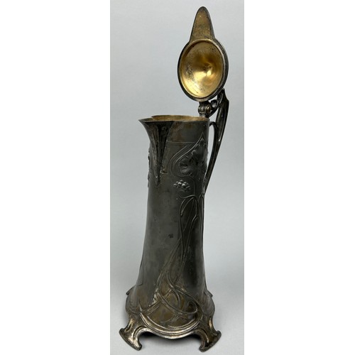 140 - AN ART NOUVEAU PEWTER JUG, 37cm in height