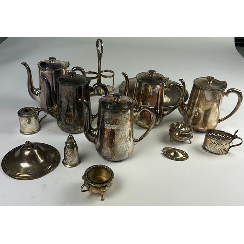 129 - A LARGE COLLECTION OF SILVER PLATED JUGS AND OTHER ITEMS, to include teapots, salt cellars (Qty)