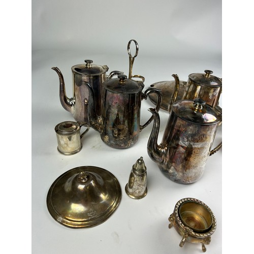 129 - A LARGE COLLECTION OF SILVER PLATED JUGS AND OTHER ITEMS, to include teapots, salt cellars (Qty)