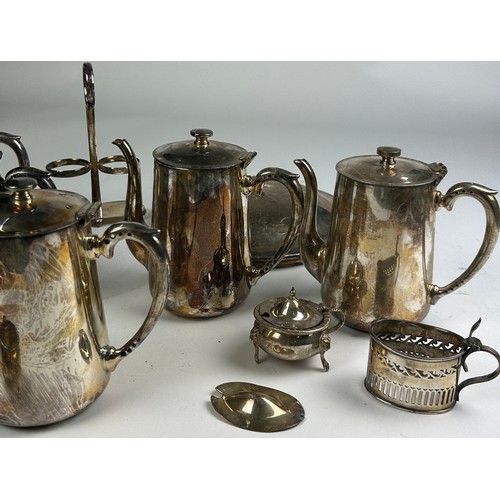 129 - A LARGE COLLECTION OF SILVER PLATED JUGS AND OTHER ITEMS, to include teapots, salt cellars (Qty)