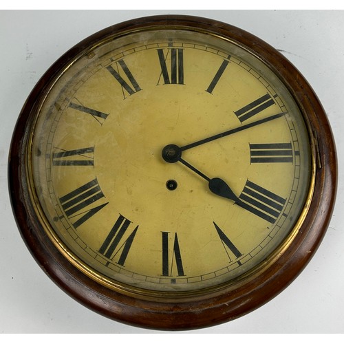 169 - A WALL MOUNTED MAHOGANY CLOCK, with rising glass front and pendulum present