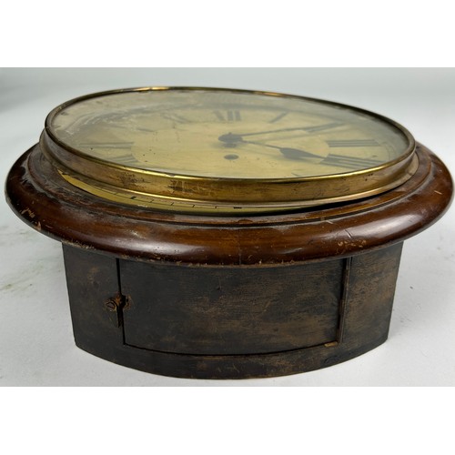 169 - A WALL MOUNTED MAHOGANY CLOCK, with rising glass front and pendulum present