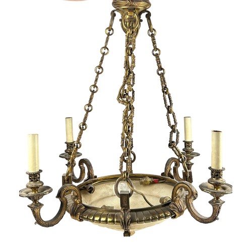 153 - A HEAVY BRASS CHANDELIER WITH FOUR ARMS AND CENTRAL ALABASTER SHADE,