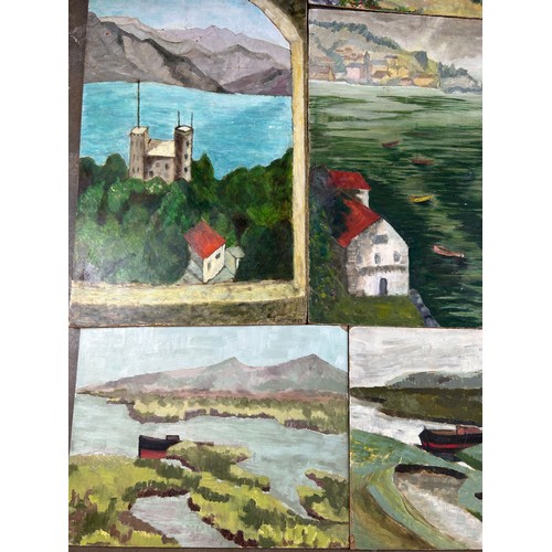 177 - A SELECTION OF VARIOUS OIL ON BOARD PAINTINGS OF COASTLINES AND HILLTOPS (Qty)

**Please note this l... 