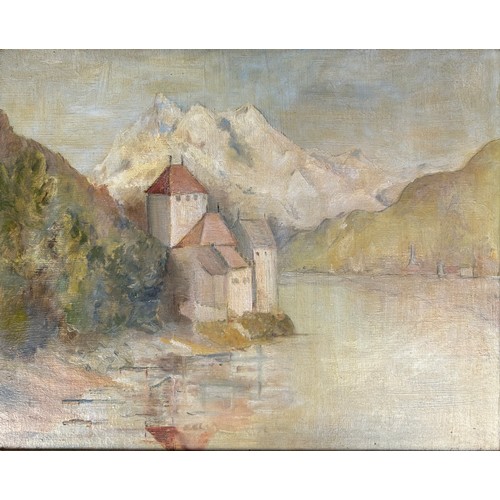 172 - AN OIL ON CANVAS PAINTING DEPICTING THE CASTLE OF CHILLON, Switzerland. 

Mounted in a grey frame an... 