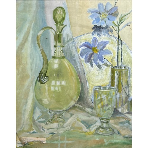 173 - AN OIL ON CANVAS STILL LIFE PAINTING DEPICTING A JUG WITH GLASSES AND FLOWERS

45cm x 35cm

**Please... 