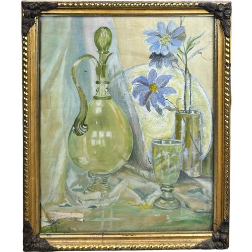 173 - AN OIL ON CANVAS STILL LIFE PAINTING DEPICTING A JUG WITH GLASSES AND FLOWERS

45cm x 35cm

**Please... 