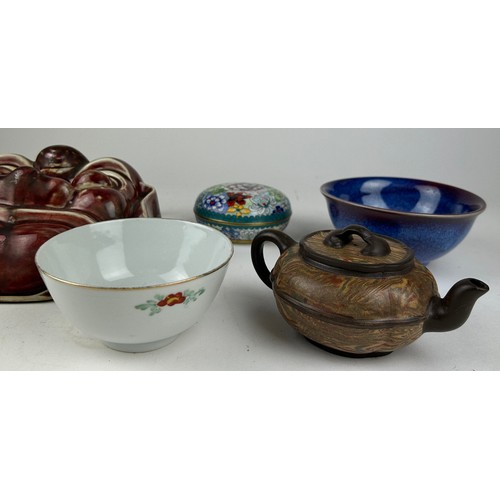 75 - A COLLECTION OF CHINESE ITEMS TO INCLUDE A YI XING TEA POT, mask of a man, small bottles and bowls.
... 