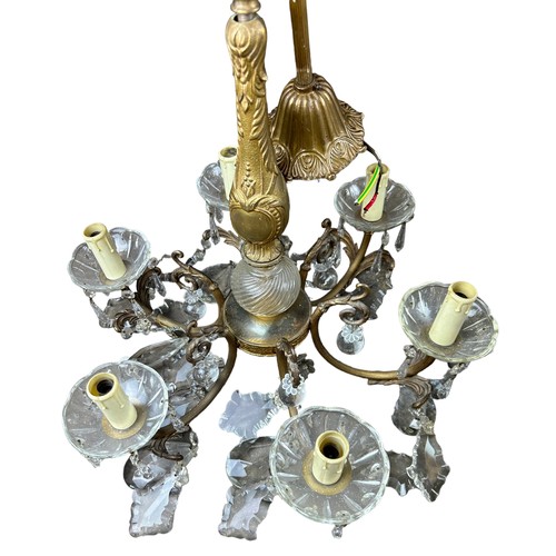 164 - THREE BRASS CHANDELIERS WITH GLASS AND CRYSTAL DROPS, one with purple glass drops (3)

**Please note... 