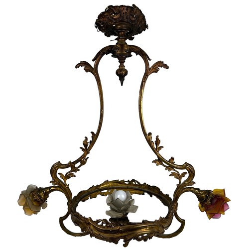 152 - AN ART NOUVEAU HEAVY BRASS CHANDELIER OF THREE BRANCHES WITH COLOURED GLASS FOLIATE SHADES, and larg... 