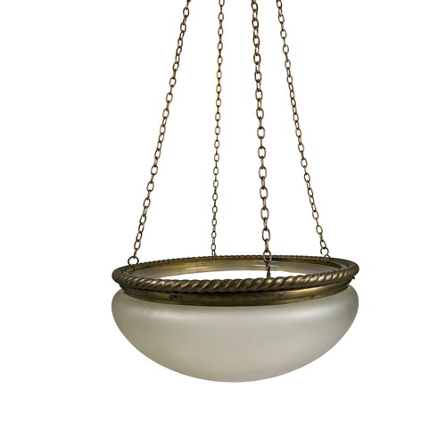 154 - A 1920's ART DECO BRASS CEILING LIGHT, opaque glass shade

Drop 140cm, diameter of shade 43cm