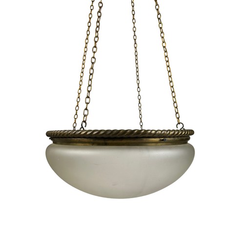 154 - A 1920's ART DECO BRASS CEILING LIGHT, opaque glass shade

Drop 140cm, diameter of shade 43cm