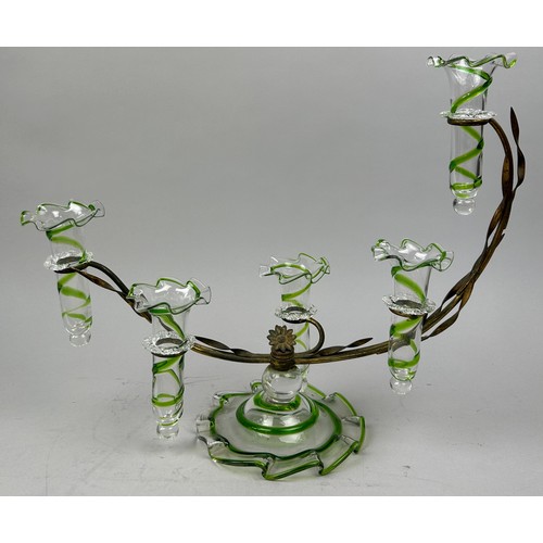 150 - A MURANO GLASS AND BRASS CENTREPIECE of foliate swirl design, with five arms and glass holders at va... 