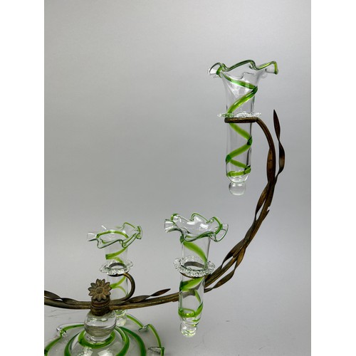 150 - A MURANO GLASS AND BRASS CENTREPIECE of foliate swirl design, with five arms and glass holders at va... 