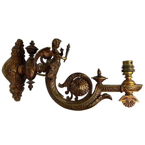 157 - THREE ART NOUVEAU WALL SCONCES, brass with winged cherubs and panthers (3)

Largest 40cm x 30cm