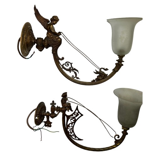 158 - TWO ART NOUVEAU BRASS WALL SCONCES WITH WINGED CHERUBS AND GIRLS HOLDING REINS, each with opaque gla... 