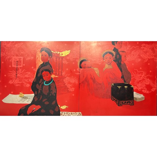 170 - BUI HUU HUNG (VIETNAMENSE B.1957) 'MANDARIN FAMILY' lacquer on wood, mounted in an ebonised frame, 2... 