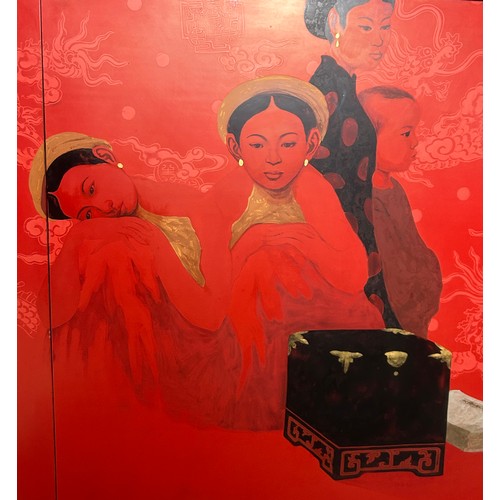 170 - BUI HUU HUNG (VIETNAMENSE B.1957) 'MANDARIN FAMILY' lacquer on wood, mounted in an ebonised frame, 2... 