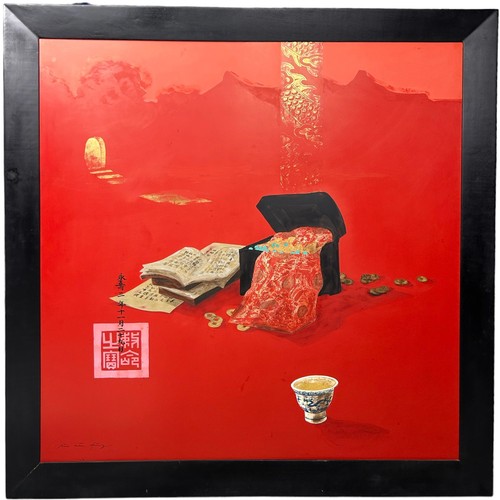 171 - BUI HUU HUNG (VIETNAMESE B.1957) 'RED STILL LIFE', lacquer on wood, mounted in an ebonised frame, 20... 