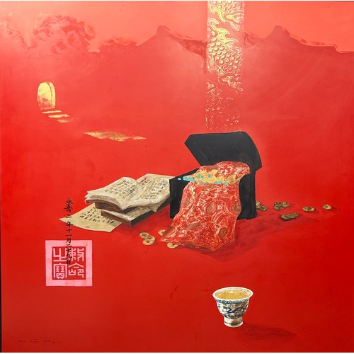 171 - BUI HUU HUNG (VIETNAMESE B.1957) 'RED STILL LIFE', lacquer on wood, mounted in an ebonised frame, 20... 