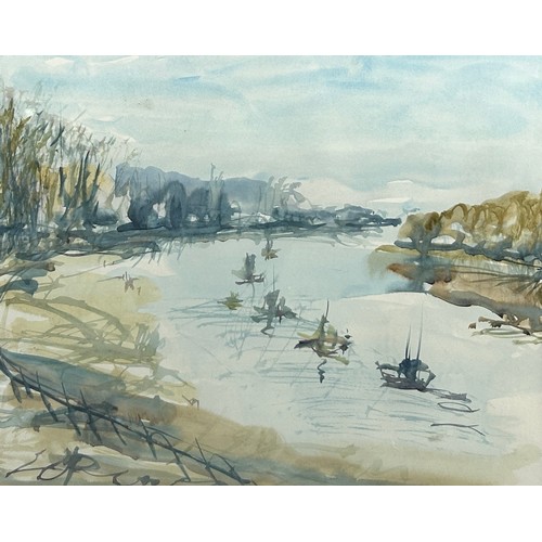 185 - A LARGE WATERCOLOUR PAINTING OF A RIVER AND RUSHES, mounted in a frame and glazed

40cm x 34cm