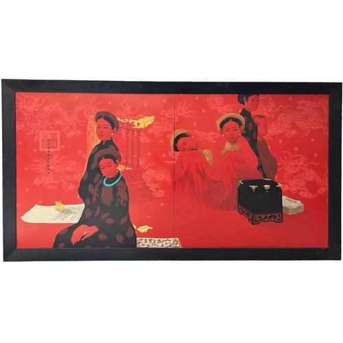 BUI HUU HUNG (VIETNAMENSE B.1957) 'MANDARIN FAMILY' lacquer on wood, mounted in an ebonised frame, 2008. 

Signed by the artist and with artist's seal. 

244cm x 122cm

Acquired at a gallery in Ho Chi Minh City.

Features in the 'Land of Legends' book of works by Bui Hut Hung, 2008