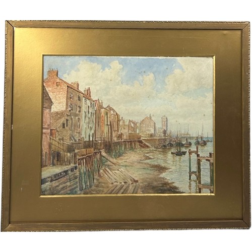 193 - A LARGE WATERCOLOUR OF SAILBOATS IN A HARBOUR, mounted in a frame and glazed. 

Signed indistinctly ... 