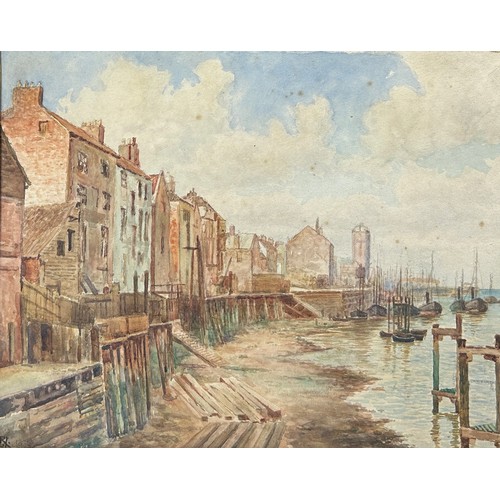 193 - A LARGE WATERCOLOUR OF SAILBOATS IN A HARBOUR, mounted in a frame and glazed. 

Signed indistinctly ... 