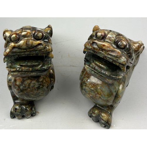 78A - A PAIR OF CHINESE HARD STONE TEMPLE LIONS, 

40cm x 25cm x 12cm each