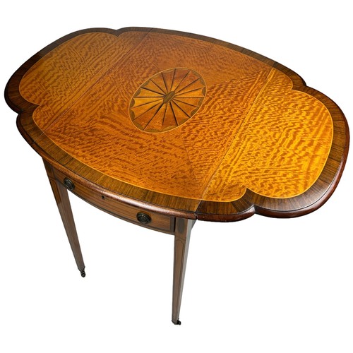 188 - A SHERATON DESIGN MAHOGANY PEMBROKE TABLE CIRCA 1890, with unusual fan shaped drops, satinwood inlay... 