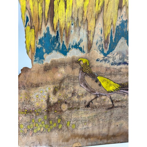 147 - A LARGE WOODEN BOARD PAINTED WITH TREES AND A BIRD, 

Signed indistinctly 'Edward'

80cm x 60cm