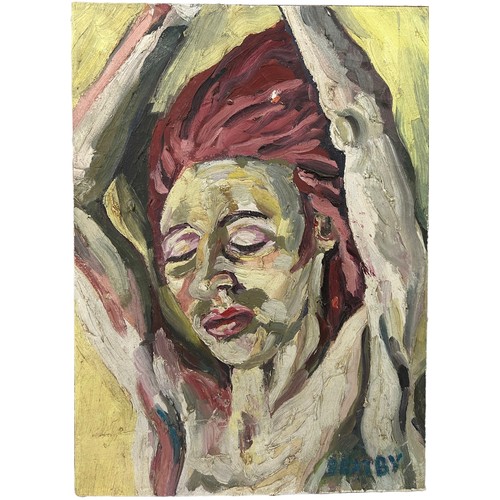 167 - IN THE MANNER OF JOHN BRATBY RA (1928-1992) OIL ON CANVAS PAINTING OF A LADY, 

Looks as though it h... 