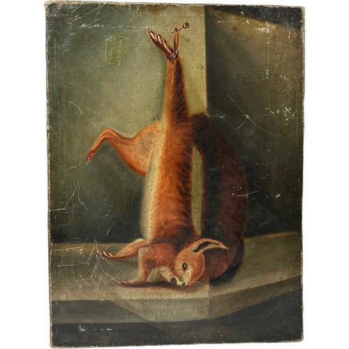 162 - AN OIL ON CANVAS PAINTING OF A RED SQUIRREL HANGING AS DEAD, 19th Century

45cm x 33cm