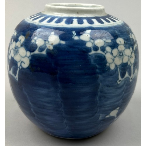 76 - A CHINESE PORCELAIN BLUE AND WHITE GINGER JAR WITH PRUNUS DECORATION, missing the lid

12cm x 12cm